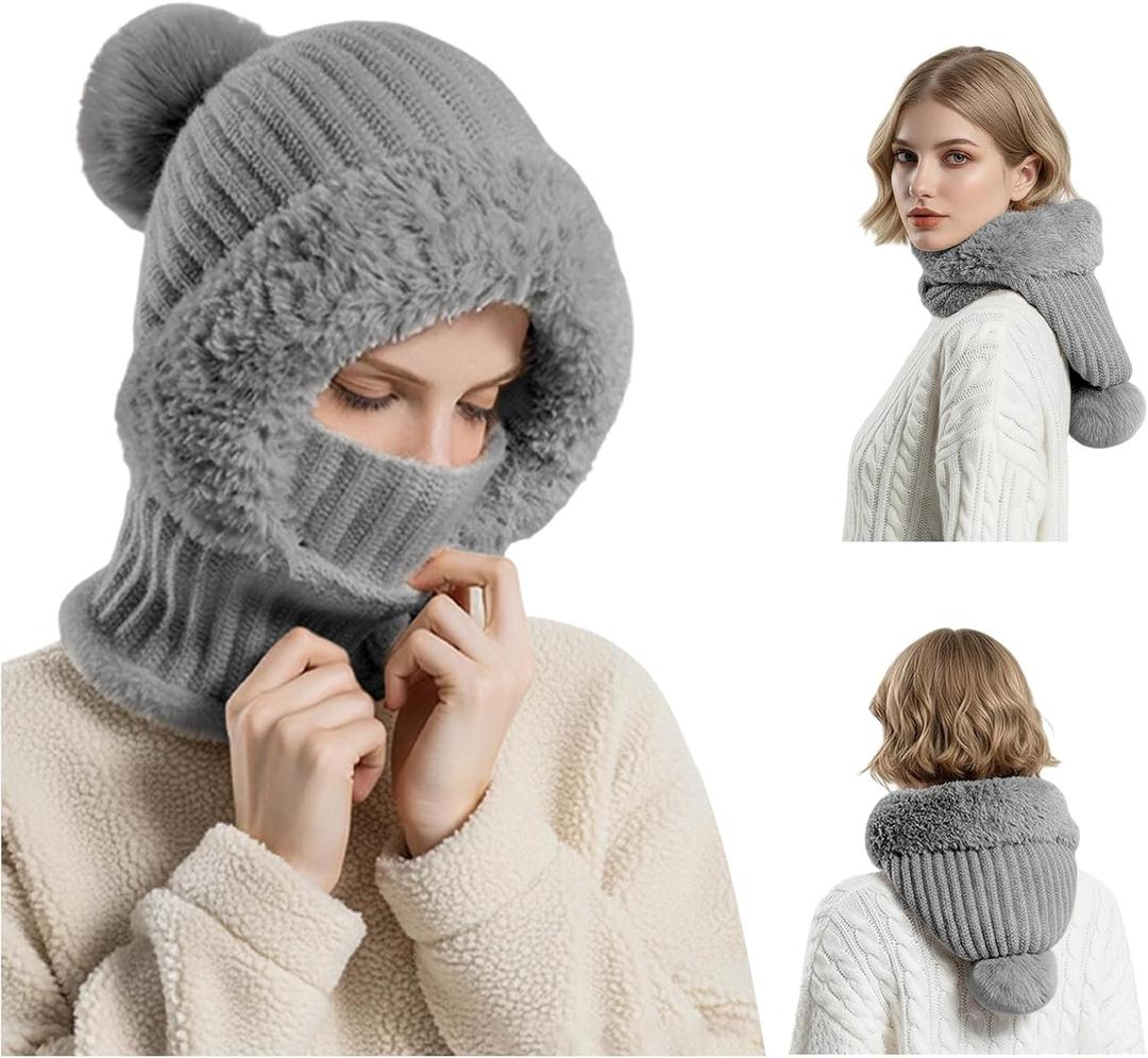 3 in 1 Beanie Hat for Women - 2025 New 3 in 1 Beanie Hat with Scarf and Mask, Fleece Lined Knit Windproof Scarf Hat (Gray)