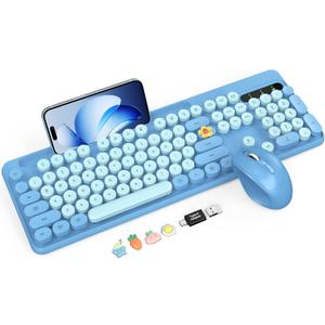 Wireless Keyboard and Mouse Combo, Retro Round Keycaps, Full-Size Cute Typewriter Keyboard with Large Phone/Tablet Holder, Auto-Sleep, 2.4GHz Cordless Connection for Windows/PC/Laptop (Sky Blue)