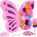 27" Pink Butterfly Pinata for Girls Birthday, Dreamy Floral Party Supplies with Stick, Blindfold & Confetti - Sturdy Paper Mache Centerpiece for Baby Shower, Princess Garden Theme & Fairy Tale Decor