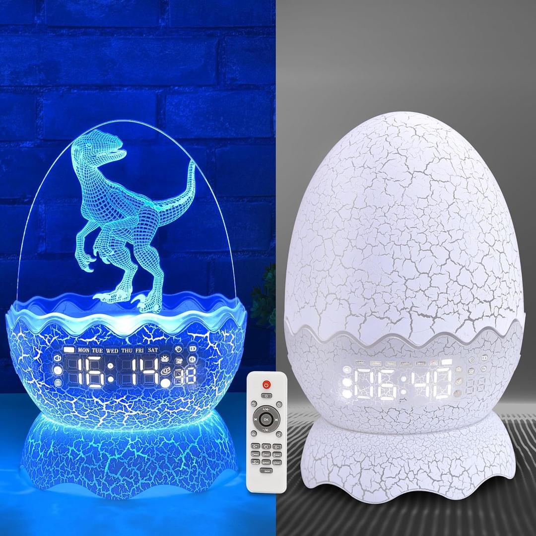 Dinosaur Egg Kids Clock | Alarm Clock | Colors Night Light | Lullaby Sound Machine |Bluetooth Speaker, Remote Control Cool Dinosaur Decoration & Unique Gift for Kids/Boys/Girls, White, ZQY002
