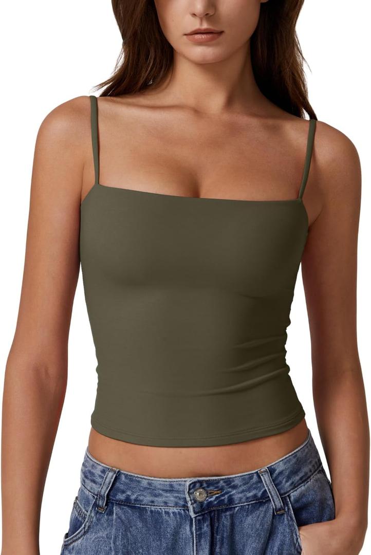 QINSEN Women's Double Lined Basic Tank Top Adjustable Spaghetti Straps Sleeveless Camisole Shirts (Green, XS)