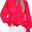 MASCOMODA Womens V Neck Floral Long Sleeve Tops 2025 Summer Casual Loose Puff Sleeve Chiffon Boho Work Blouse Dressy T Shirts, XXL