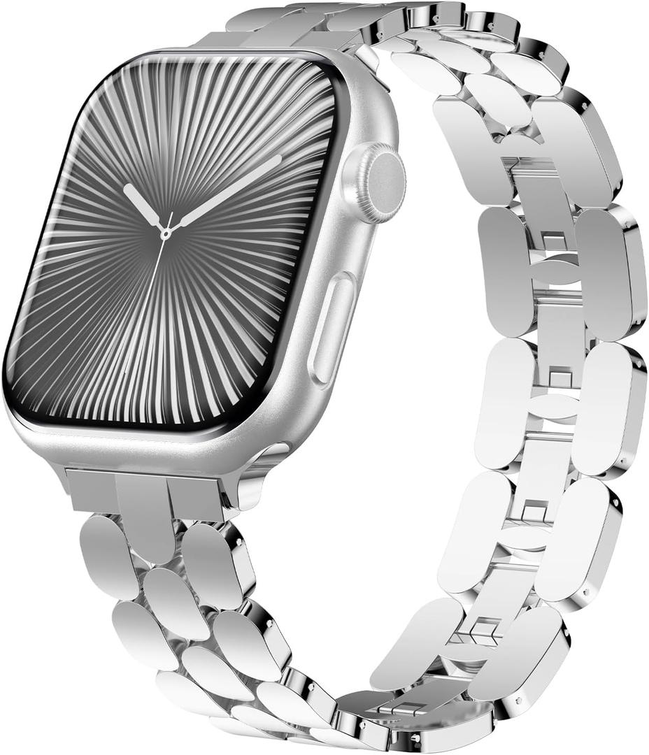 Stainless Steel Dressy Band for Apple Watch for Women Series11/10/9/8/7/6/5/4/3/2/1/SE/Ultra Compatible with 41mm 40mm 38mm 42mm 46mm 49mm 45mm 44mm Bands,Adjustable Designer Metal Strap for iWatch (Silver)