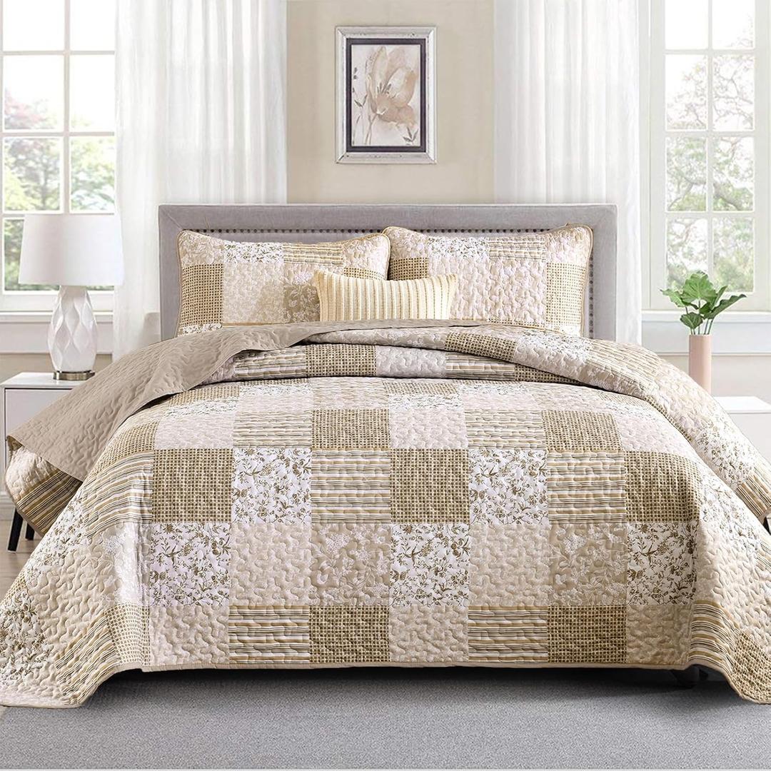 Mybedsoul Beige Boho Quilt Set Cal King Size, 3 Pieces Plaid Floral Bedspread Set Patchwork Reversible Bedding Set Microfiber Bedding Bedspread Coverlet Set for All Season 106''x96''
