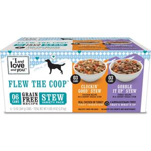 I AND LOVE AND YOU Wet Dog Food - Flew The Coop Variety Pack - Chicken + Turkey, Grain Free, Filler Free 13oz can, 6pk, Best By: Sep 26 28