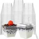 HOMIP 60Pack 4 oz Dessert Cups with 80 Lids and 60 Spoons, Mini Plastic Parfait Cups for Parties, Clear Square Cups for Appetizer Cake Ice-cream