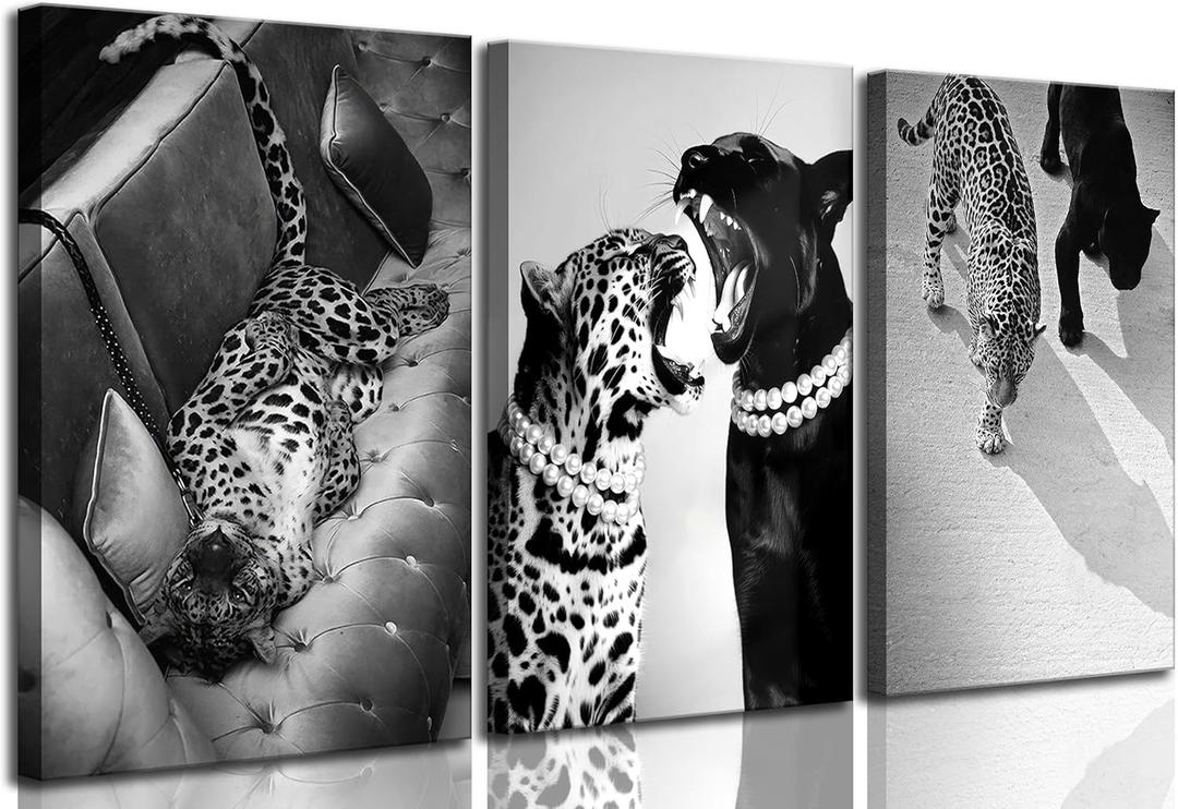 3 Pcs Black and White Cheetah Canvas Wall Art (24Lx16W-Canvas)