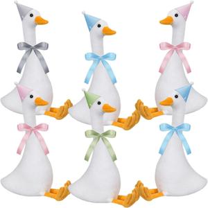 6 Set One Silly Goose Birthday Decor 1st Baby Shower Party Favor 11.8 Inch White Geese Plush Stuffed Animal with Mini Party Hats and Pink Blue Green Gray Ribbons for Kids Gift(Cute Goose)