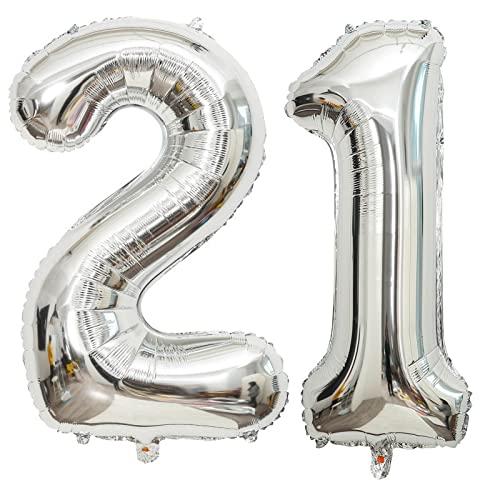 40 Inch Silver 21 Number Balloons Giant Jumbo Huge 12 or 21 Foil Mylar Helium Number Digital Balloons Silver Birthday Mylar Digital Balloons 12th 21st Birthday Anniversary Events Party Decorations