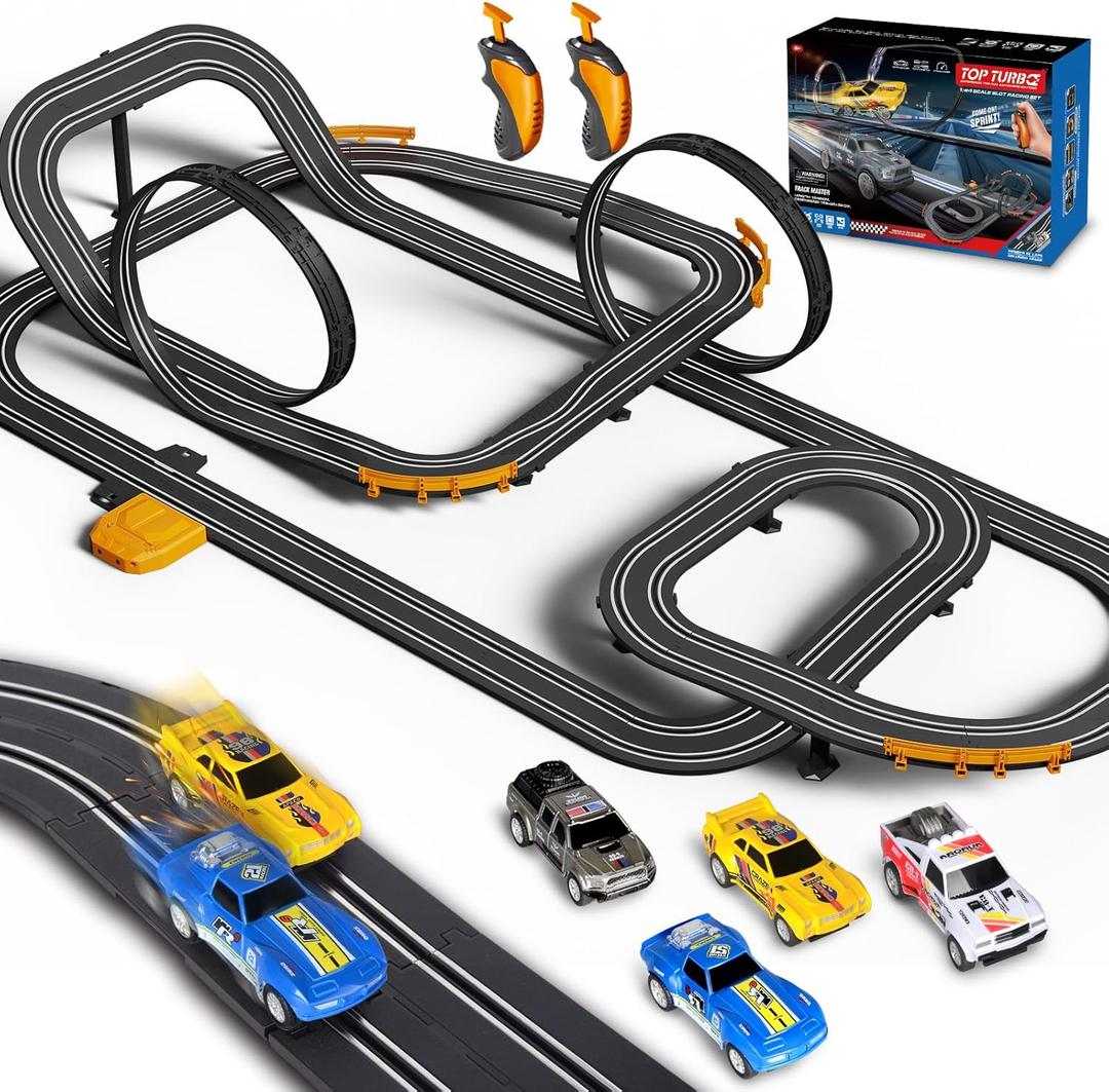Slot Car Race Track with 4 High-Speed Racing Cars Battery or Electric Race Car Toy for Kids Boys, Dual Racing Game 2 Hand Controllers Toys for Girls Children Age 6,7,8-12 Years Old