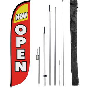 LookOurWay Feather Flag Pole Kit - 12 Feet Tall Advertising Flag Banner with Fiberglass Pole Kit and Ground Spike for Business Promotion - Grand Opening Flags - Now Open Red & Yellow (10M1200030)