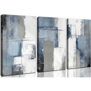 3 Pcs Navy Blue Abstract Canvas Wall Art Modern Minimalist Neutral Blue and Grey Paintings Pictures Wall Decor Poster Print Artwork for Living Room Bedroom Office Home Decoration