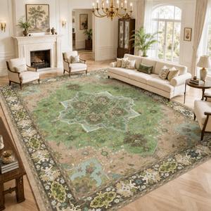 AMADA HOMEFURNISHING 9x12 Area Rug for Living Room, Vintage Washable Area Rug Low-Pile & Non-Slip Carpet for Bedroom Dining Room Nursery Home Office, Green