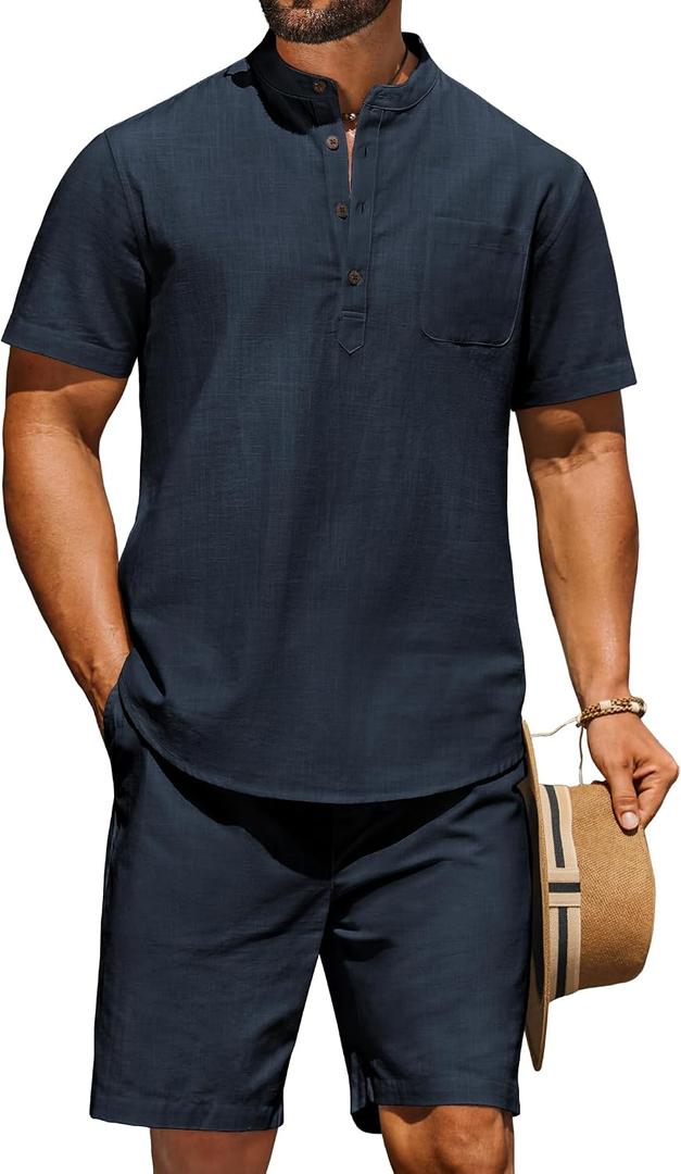 COOFANDY Men's 2 Piece Cotton Linen Sets Summer Beach Outfits Casual Short Sleeve Henley Shirts and Vacation Shorts (XL)