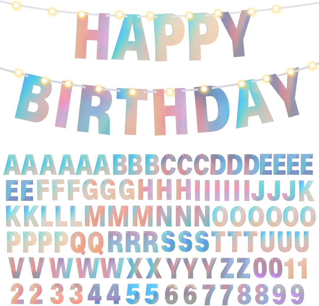 TaoBary 112 Pcs DIY Letter Custom Banner Glitter Customizable Banner Kit Including 107 Letters and Numbers 3 Rope for Valentines Day Birthday Party(Holographic)