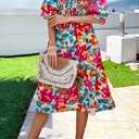 PRETTYGARDEN Women's Summer Casual Dresses 2025 Spring Puff Sleeve Square Neck A-line Flowy Boho Floral Smocked Midi Dress (M)