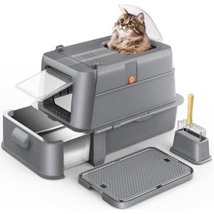 Enclosed Stainless Steel Cat Litter Box with LidXL Large Metal Cat Box with Drawer for Big Cats,Top Exit Kitty Litter Box Includes Scoop, Filter Pedal,Odor Control, Easy Cleaning (Dark Grey)