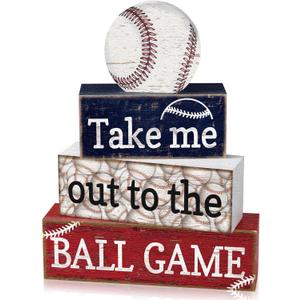 4 Pcs Baseball Decorations Rustic Baseball Wooden Signs Blocks Baseball Room Decor Baseball Tabletop Centerpieces Baseball Decor for Home Bedroom Shelf Locker Room Tiered Tray Party Decor