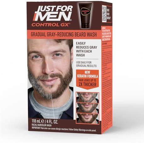 Just For Men Control GX Grey Reducing Beard Wash Shampoo with Keratin, Gradually Colors Mustache and Beard, Leaves Facial Hair Thicker Softer and Fuller, 4 Fl Oz - Pack of 1 (Packaging May Vary)