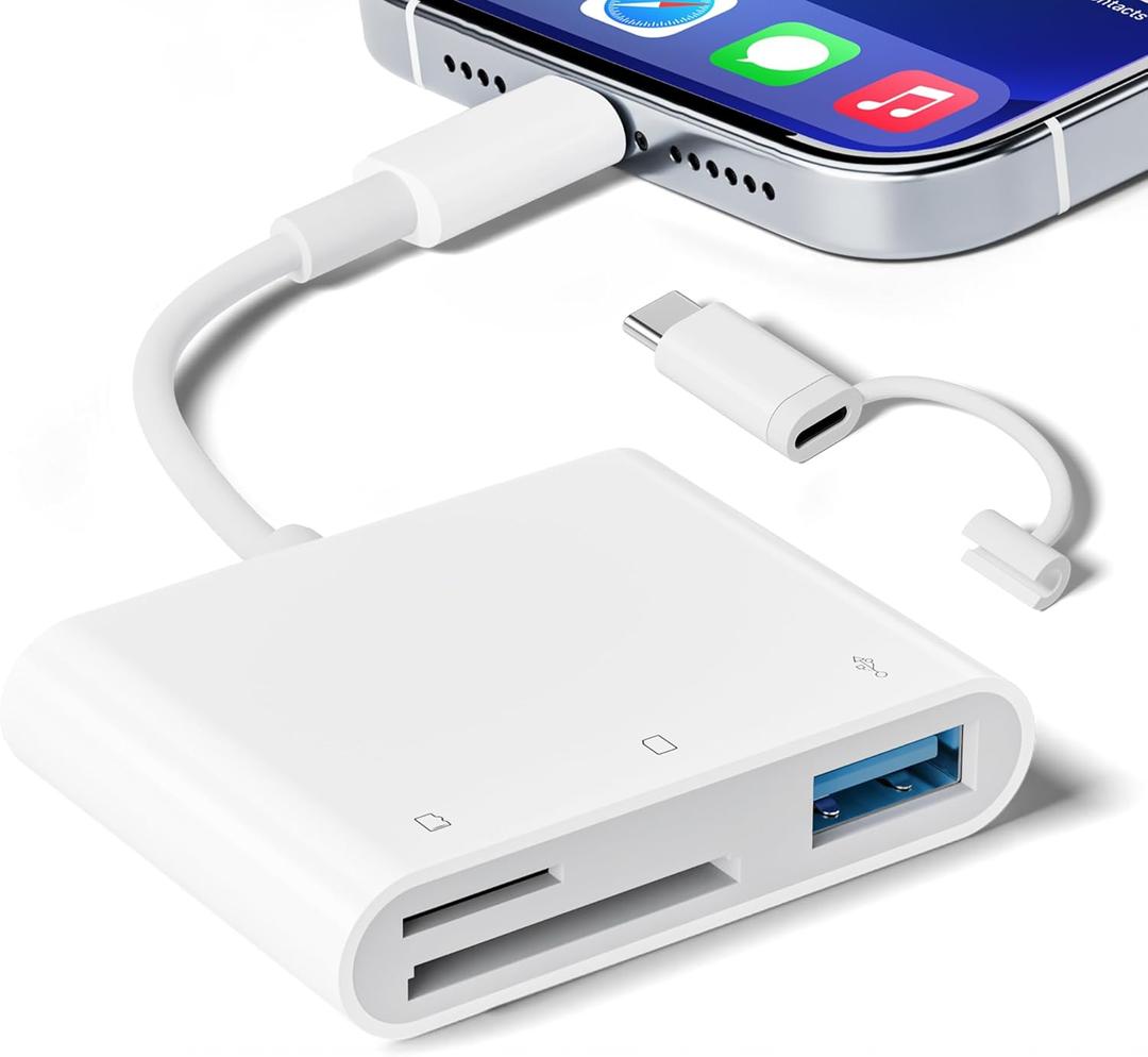 SD Card Reader for iPhone iPad, Micro SD Card Reader Memory Card Reader with USB Adapter Plug and Play Trail Game Camera Card Viewer Supports SD and TF Card No App Required (SD+TF+USB, white)