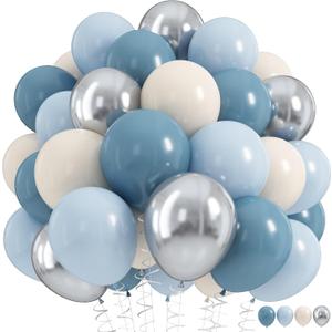 Dusty Blue Balloon Set, 60Pcs 12 Inch Retro Baby Slate Blue Ivory White Metallic Silver Balloons Birthday Decor, Pastel Blue Beige Cream Ocean Balloon for Bridal Wedding Gender Reveal Party Decoration
