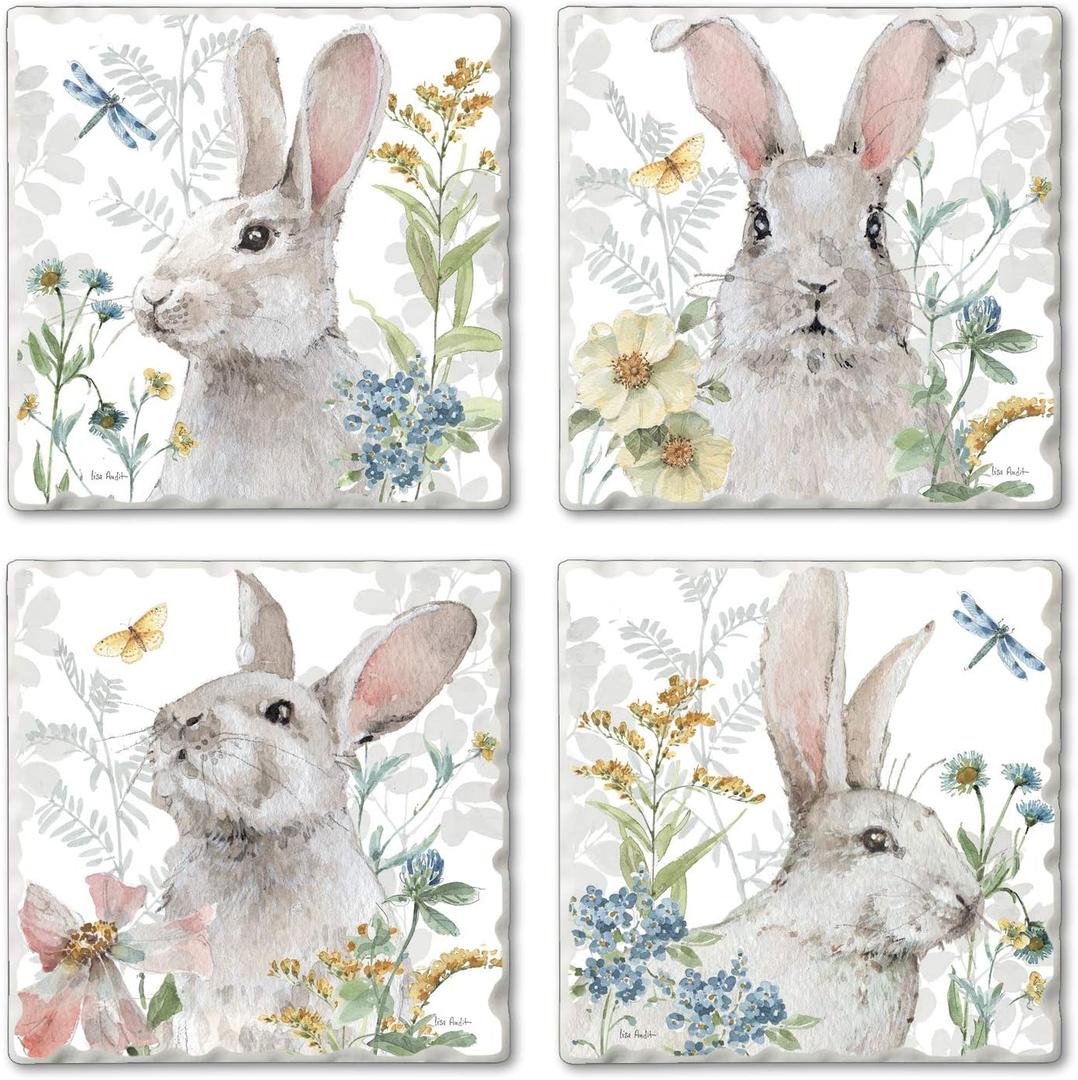 Thirstystone Spring Meadow Bunnies Multi-Image Absorbent Stone Tumbled Tile Coaster 4 Pack with Protective Cork Backing Manufactured in The USA