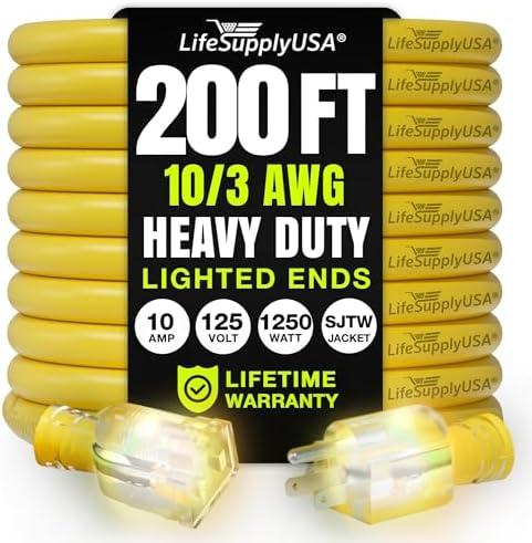 3ft Outdoor/Indoor Extension Cord 10/3 Gauge Ultra Heavy Duty 3 Prong SJTW, Waterproof, Flexible Cold-Resistant Long Power Cord,125 Amp 1875W, Black by LifeSupplyUSA