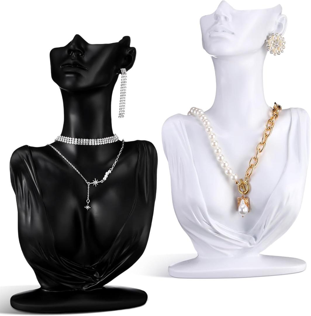 2 Pcs Jewelry Mannequin Display Mannequin Earring Stand for Selling Necklace Display Stand Black White Resin Pendant Boutique Bust Holder Organizer for Show Jewelry, Necklace, Earrings