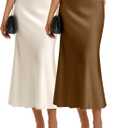 2 Pack Womens Satin Midi Skirts Silk a Line Hidden Elastic High Waist Elegant Casual Flowy Long Skirts, Brown / Champagne 