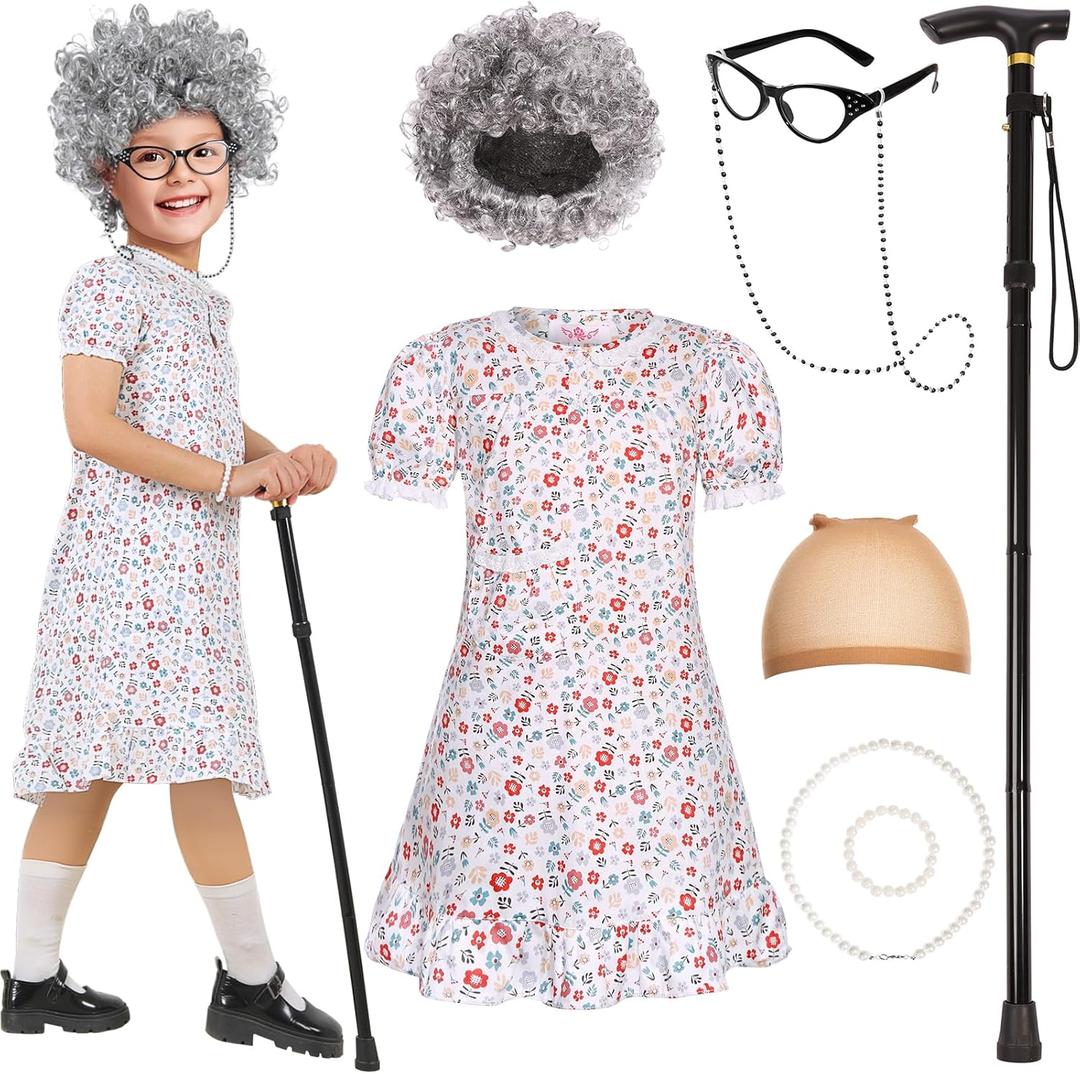 Old Lady Costume for Kids Girls 100 Days of School Costume with Accessories, Halloween Party Dress Up (9-10 Years, Pink)