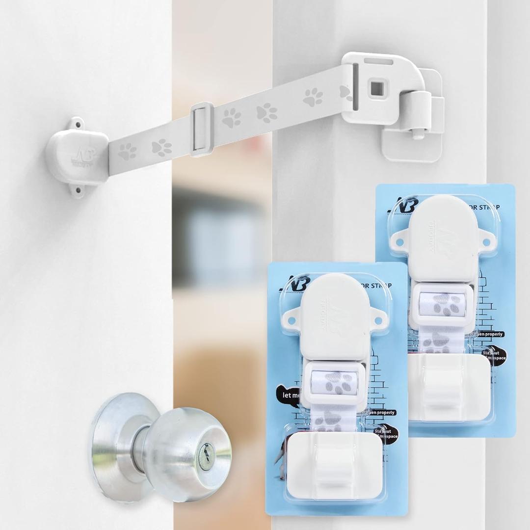 Adjustable Door Strap and Latch, Textile Cat Door Latch to Keep Dog Out of Litter Box, Economical Alternative of Pet Gates and Interior Cat Door, Basic 2 Packs