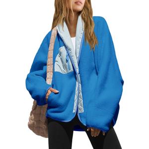 Nirovien Womens Fuzzy Fleece Jacket Colorblock Sherpa Jackets Shawl Winter Coats with Pockets Warm Outwear (Small, Blue Light)