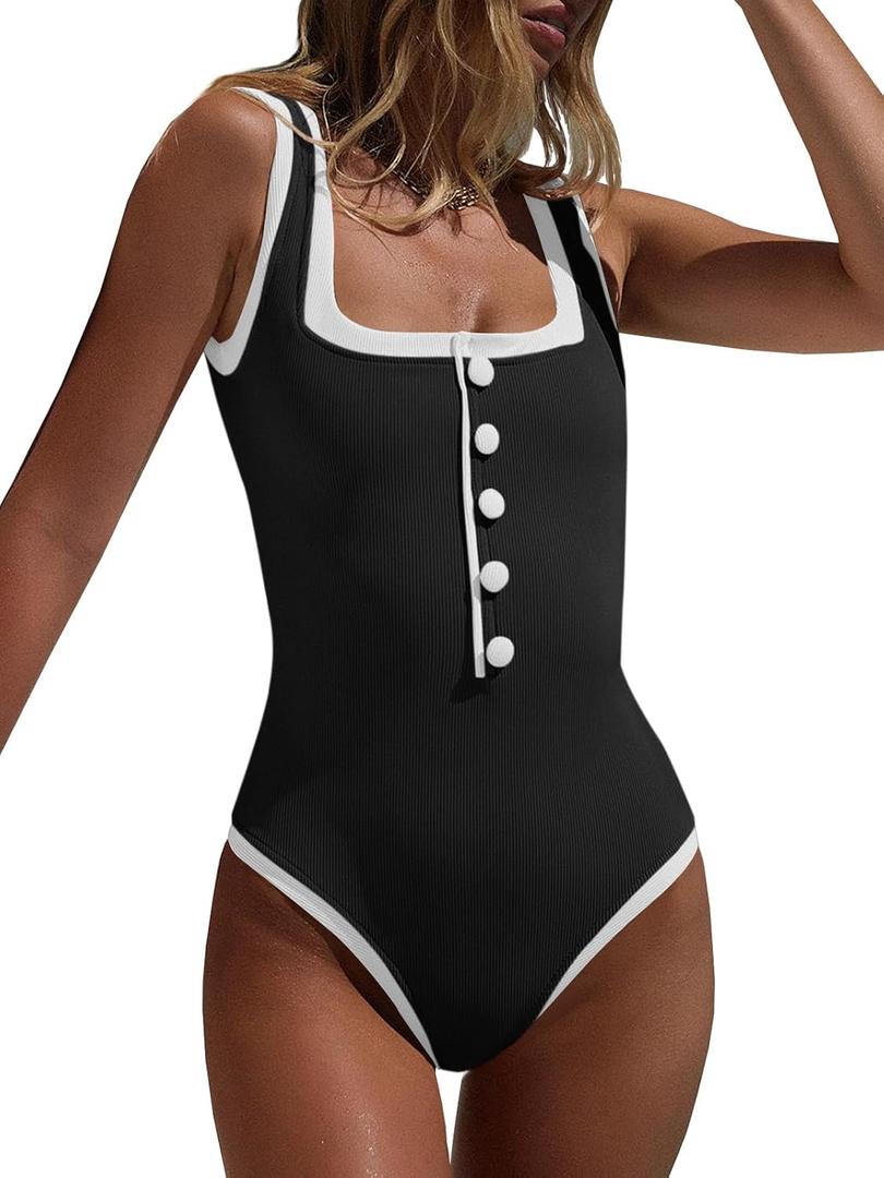 Saodimallsu Womens One Piece Swimsuit Vintage Ribbed Slimming High Cut Color Block Button Square Neck Bathing Suit (Large, Black)