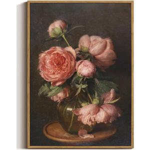 WALLZK Vintage Framed Wall Art Peony Wall Decor Pink Floral Canvas Prints Cottagecore Decor Rustic Farmhouse Pictures Artwork for Walls Living Room Bedroom Bathroom 16"x24", 16"x24" Natural