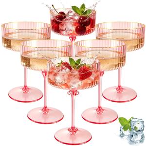 6 Pcs Pink Martini Glasses 10 Oz Plastic Cocktail Cups, Ribbed Champagne Coupe Cup with Gold Rim Cocktail Glasses Detachable Dessert Cups Glassware Bulk for Wedding Birthday Bachelorette Party