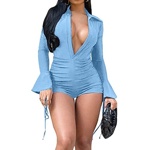 GEMEIQ Womens Sexy V Neck Long Trumpet Sleeve Jumpsuit Short Pants Bodycon One Piece Outfits Clubwear Party Romper, XL