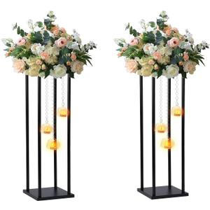 Rectangular Metal Wedding Flower Stand Vase with Hanging Glass Globe Terrarium Tealight Candle Holder, Multifunctional Geometric Column Frame Centerpiece (Black, 2 Pcs 25.2'')