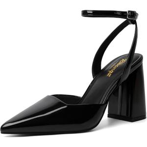 RIBONGZ Block Heels for Women Closed Pointed Toe Heeled Slingback Chunky High Heel Ankle Strap Pumps Patent Leather Comfort Dressy Shoes for Work Party Prom Wedding Bridal Dress (6, Black)
