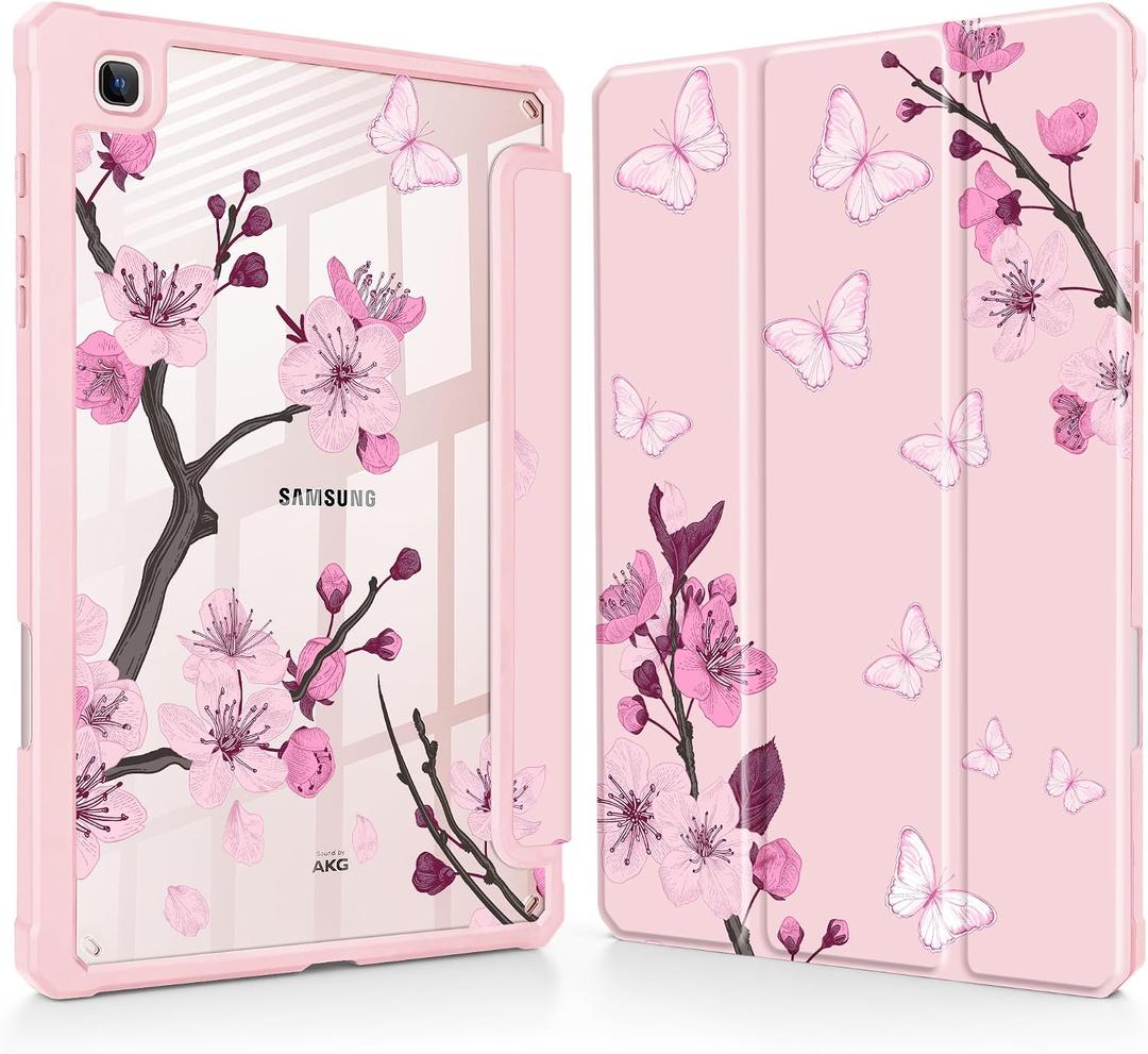 May Chen for Samsung Galaxy Tab S6 Lite Case 10.4 Inch 2024/2022/2020 - Built-in Pencil Holder with Shockproof Cover Clear Transparent Back Shell Auto Wake/Sleep, Pink Cherry Blossom