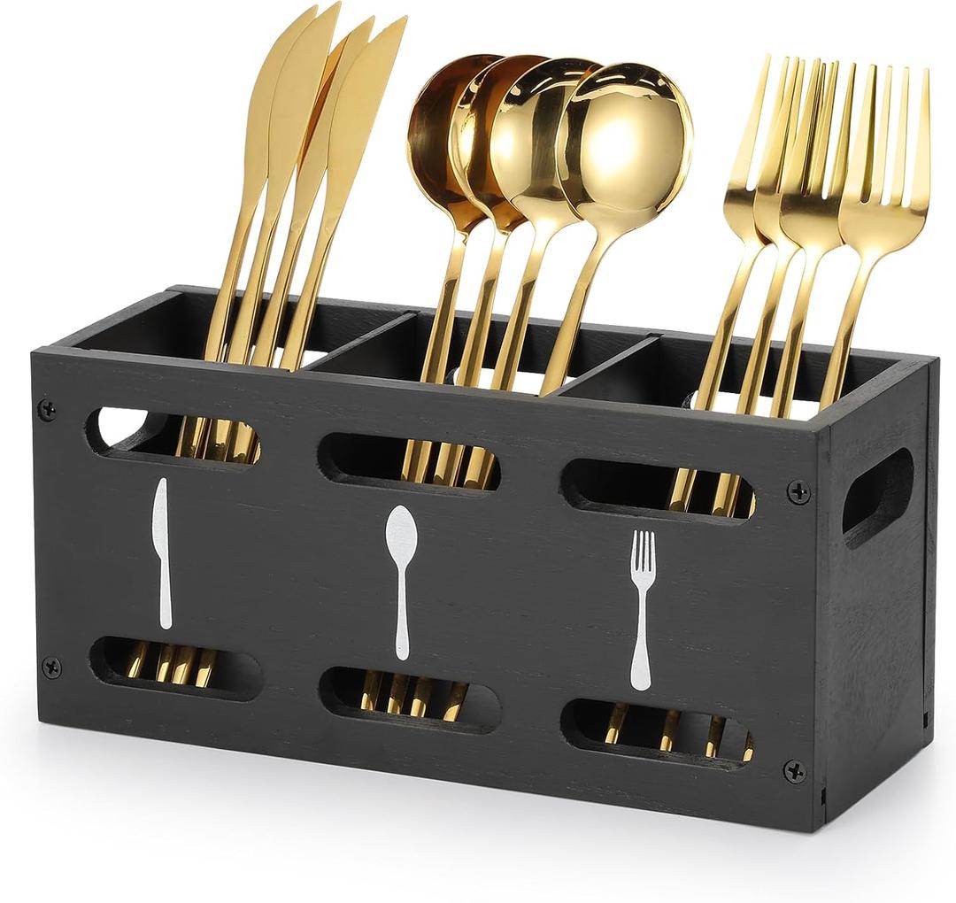 3 x Grey Washed Mango Wood Flatware Caddy with Metal Handles - 3 Compartment Organizer Box for Silverware, Sauce Spoon, Tongs and More (BLACK)