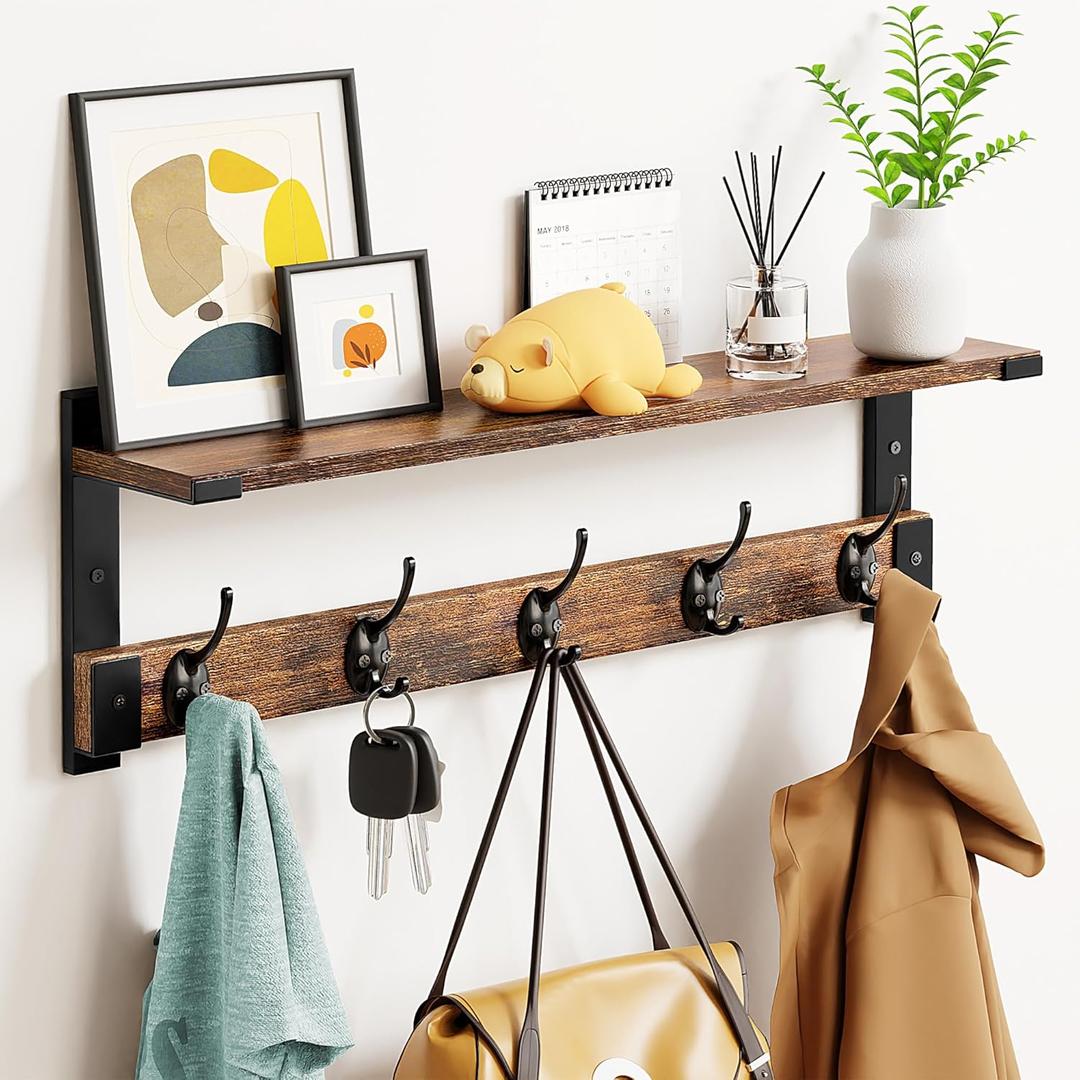 Coat Rack Wall Mount with Hooks and Shelf for Coat, Backpack, Key, Clothes Hanger, Wall Floating Shelf for Entryway, Living Room, Bathroom, Bedroom, Kitchen (23.6" - 1 pack, Brown)