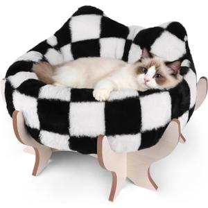 Elevated Cat Bed for Indoor Cats, Pet Couch Bed with Removable Fluffy Cushion, Wooden Stand, 18 x 11 Raised Cat Sofa for Kitty Puppy, Checkered Soft Cushion Cats Furniture