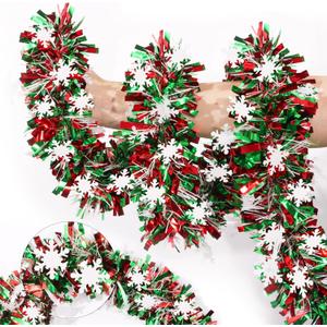 50FT Red Green White Christmas Tinsel Garland with Snowflake Ornaments Metallic Shiny Xmas Garland for Christmas Tree Decoration Holiday Hanging Garlands Indoor Outdoor Home Office Party Holiday Decor