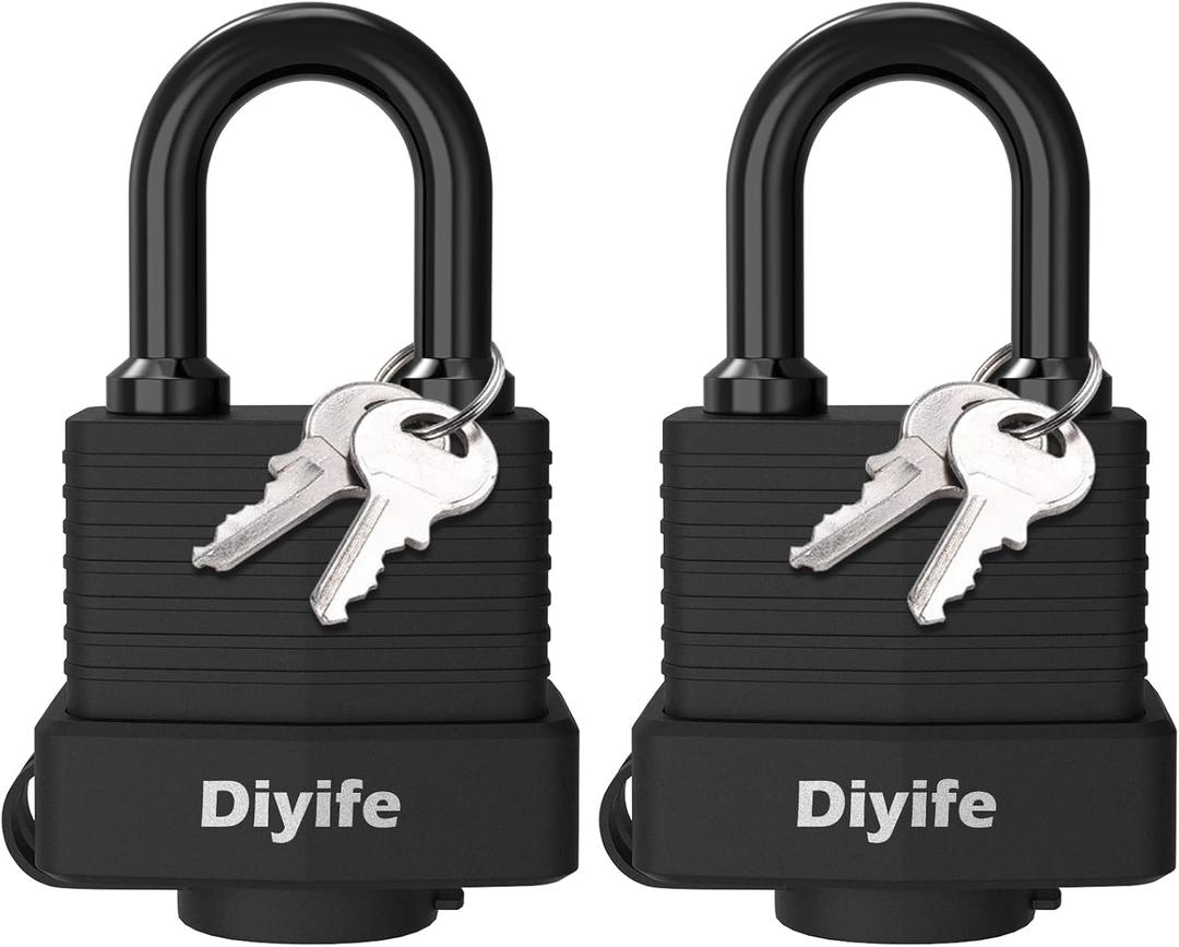 Padlock with Key, [2 Pack] [4 Keys] Diyife Padlock Waterproof Lock Key Padlocks 40mm Heavy Duty Padlocks Anticut, Oustside Laminated Steel for Gym Locker, Garage, Fence, Shed, Yard, Outdoor & Indoor