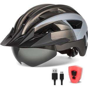 Adult Bike Helmet with Visor and Goggles for Men Women Mountain Road Bicycle Helmet Rechargeable Rear Light Cycling Helmet (L: 57-61 cm (22.4-24 inches), Ti Grey)