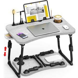 Lap Desk for Bed Adjustable Height, Foldable Bed Table with Storage Drawer, Tablet Slot & Cup Holder, Portable Laptop Stand for Bed & Sofa, Bed Desk for Adults & Kids, Light Stone Color