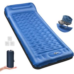 Camping Sleeping Pad, 6.8'' Extra Thickness Reinforced Sleeping Pad for Camping with Pillow Built-in Foot Pump, 79 * 28IN Ultralight Self Inflating Air Mattress Mat for Backpacking Hiking Tent (Single, Blue)