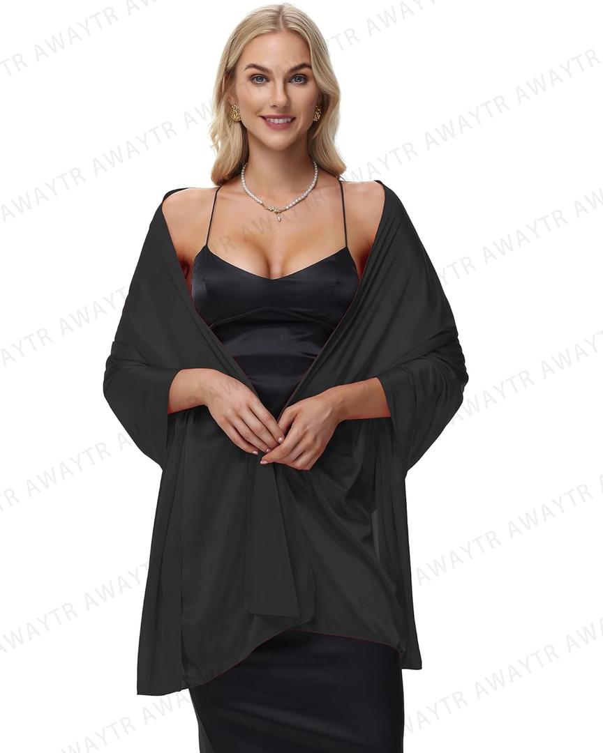 AWAYTR Silky Sheer Shawls and Wraps for Women Evening Dresses Soft Silky Wraps Wedding Bridal Scarf (Black)