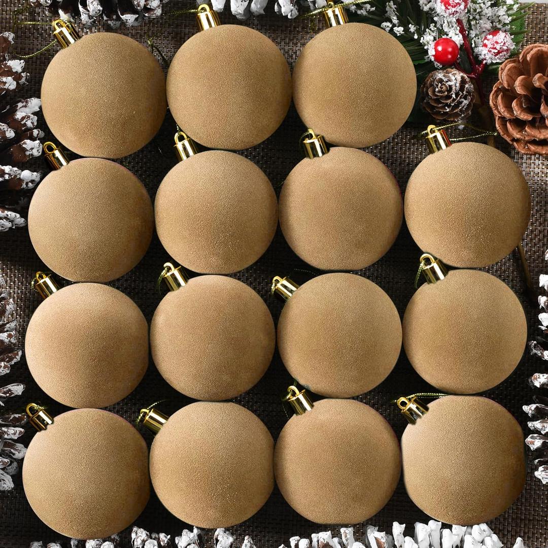 OCTERIC 30 Pcs 2.4 Inches Velvet Christmas Ball Ornaments, Shatterproof Khaki Flocked Bulbs Decorations Set, Retro Decorative Hanging Plastic Ornaments for Xmas Tree Holiday Party Dcor