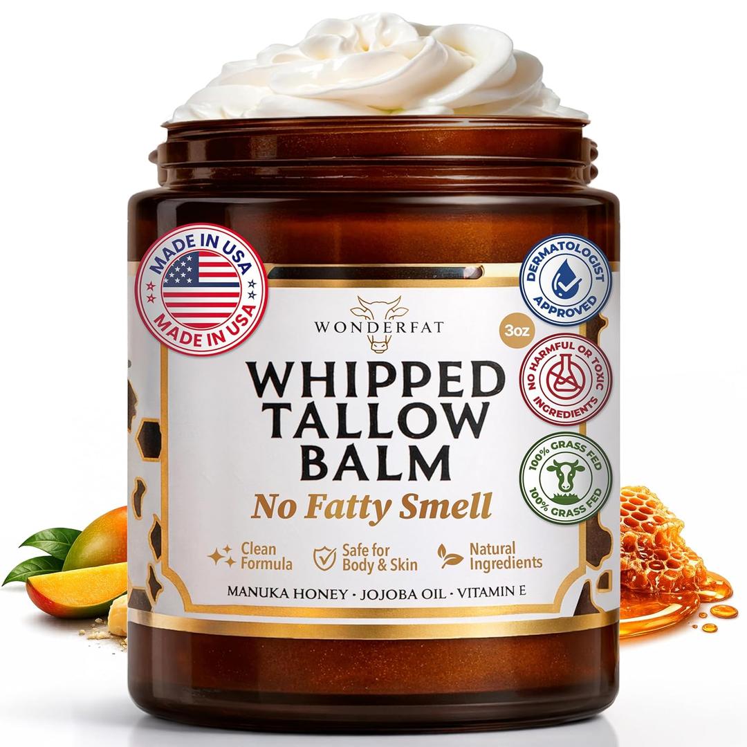 Grass-Fed Whipped Tallow Balm, Face and Body Moisturizer with Manuka Honey, Fragrance Free Tallow Moisturizer for Sensitive Skin, Lightweight Tallow Cream, 3 oz